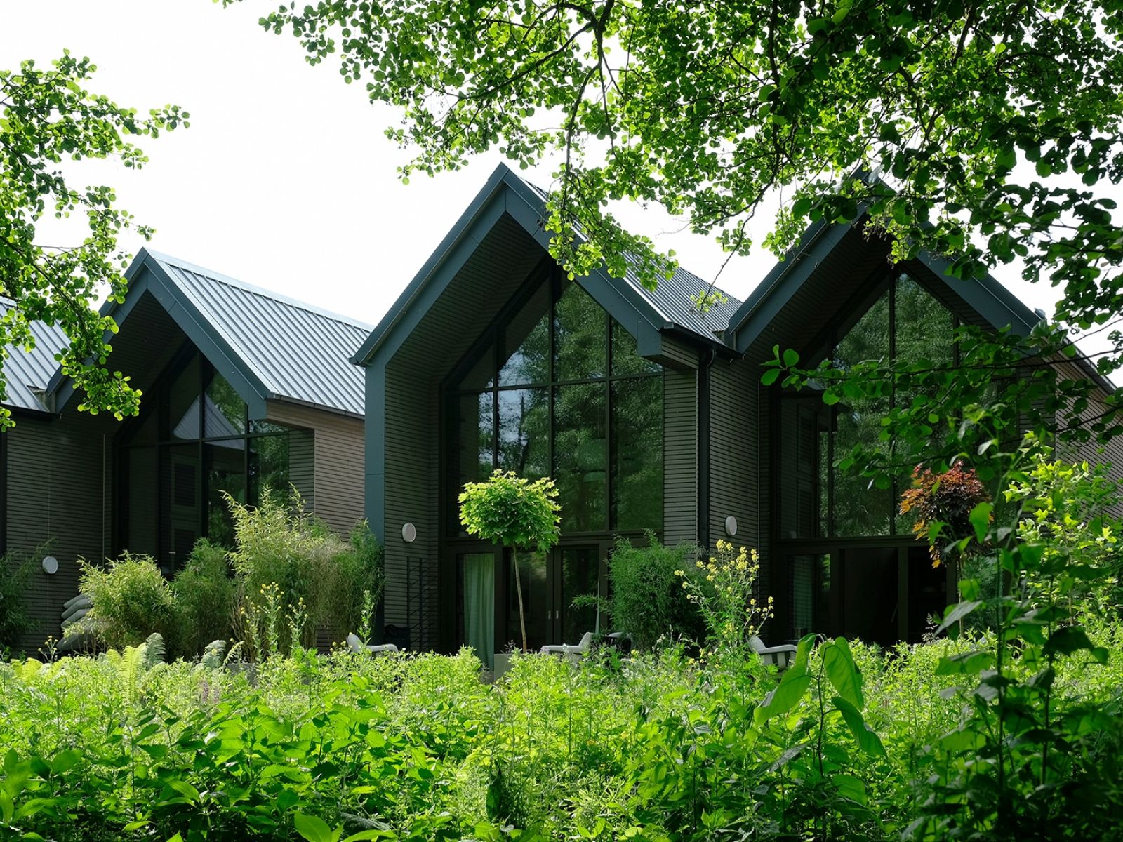 Sechs Chalets à 60 Quadratmeter, gebaut aus Kiefernholz und Glasfronten in Richtung Wald und Wiese, bieten neben Terrassen mitten im Grünen und ausgelassenem Vogelgezwitscher, helle luftige Räume und großartiges Interior Design von Piotr Wiśniewski (weStudio, Berlin)  