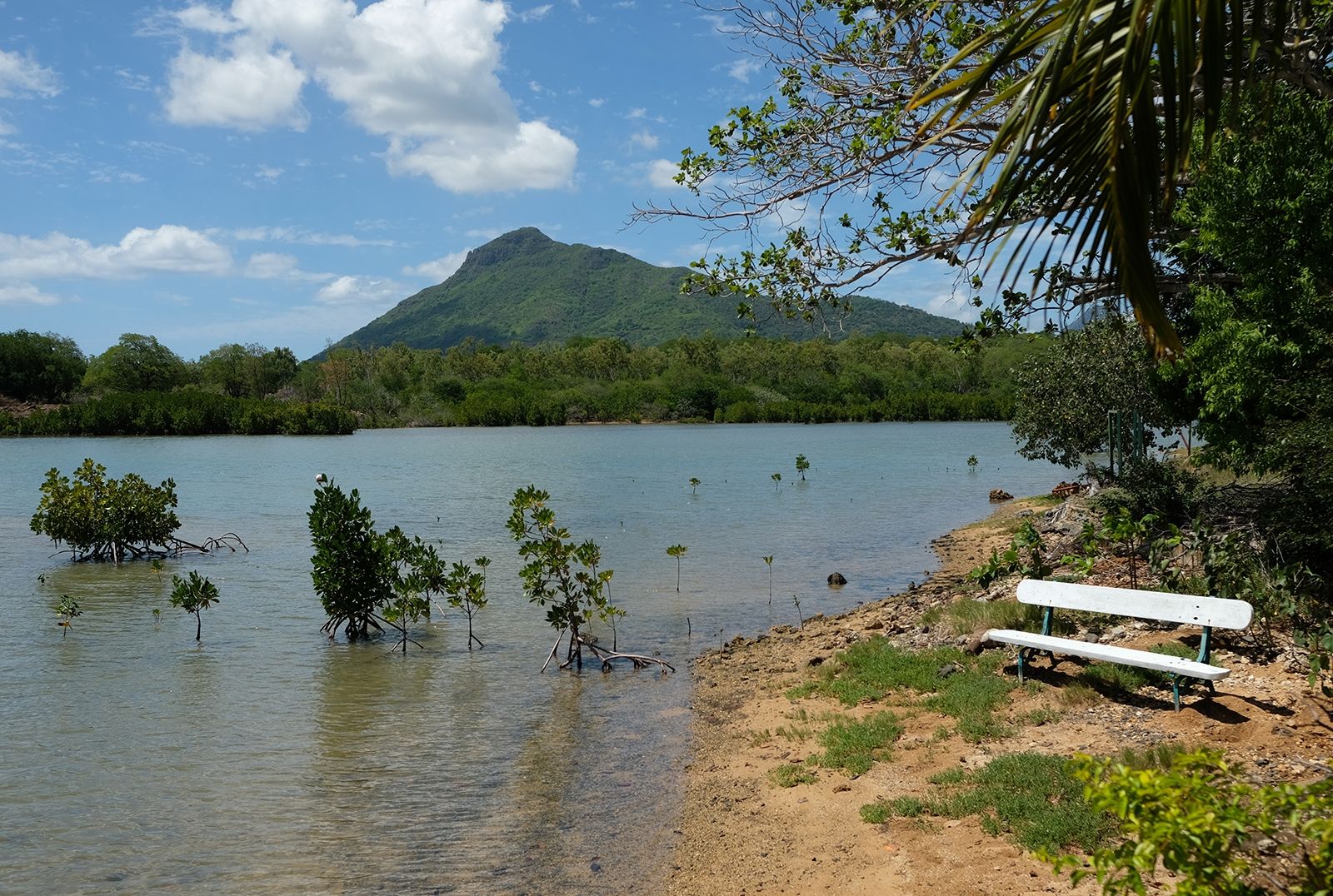 Bank am kleinen Strandstück (zum Schwimmen bietet sich die Lagune nicht an), das zur romantischen Fischerhütte Cabane du Pêcheur gehört; die sehr private Unterkunft bietet drei Gästen Platz und besitzt eine eigene Küche, ein Bad und eine Außendusche
